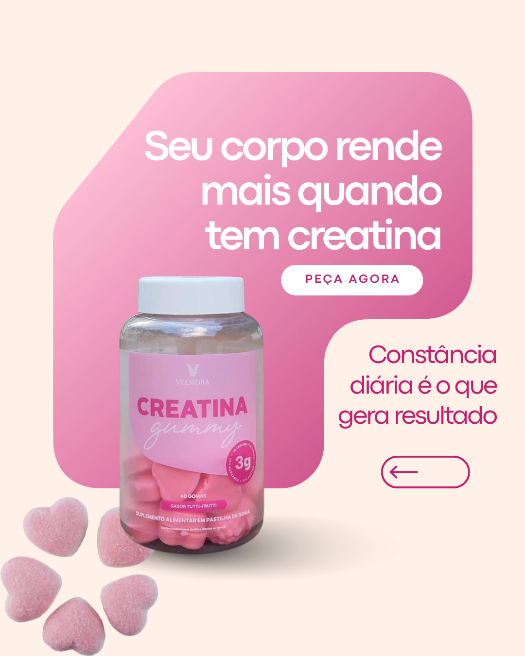 Creatina Gummy Velmora - pote rosa com gominhas de coração